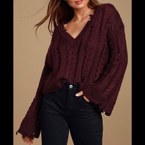 Lulus Burgundy Cable Knit Distressed Sweater
